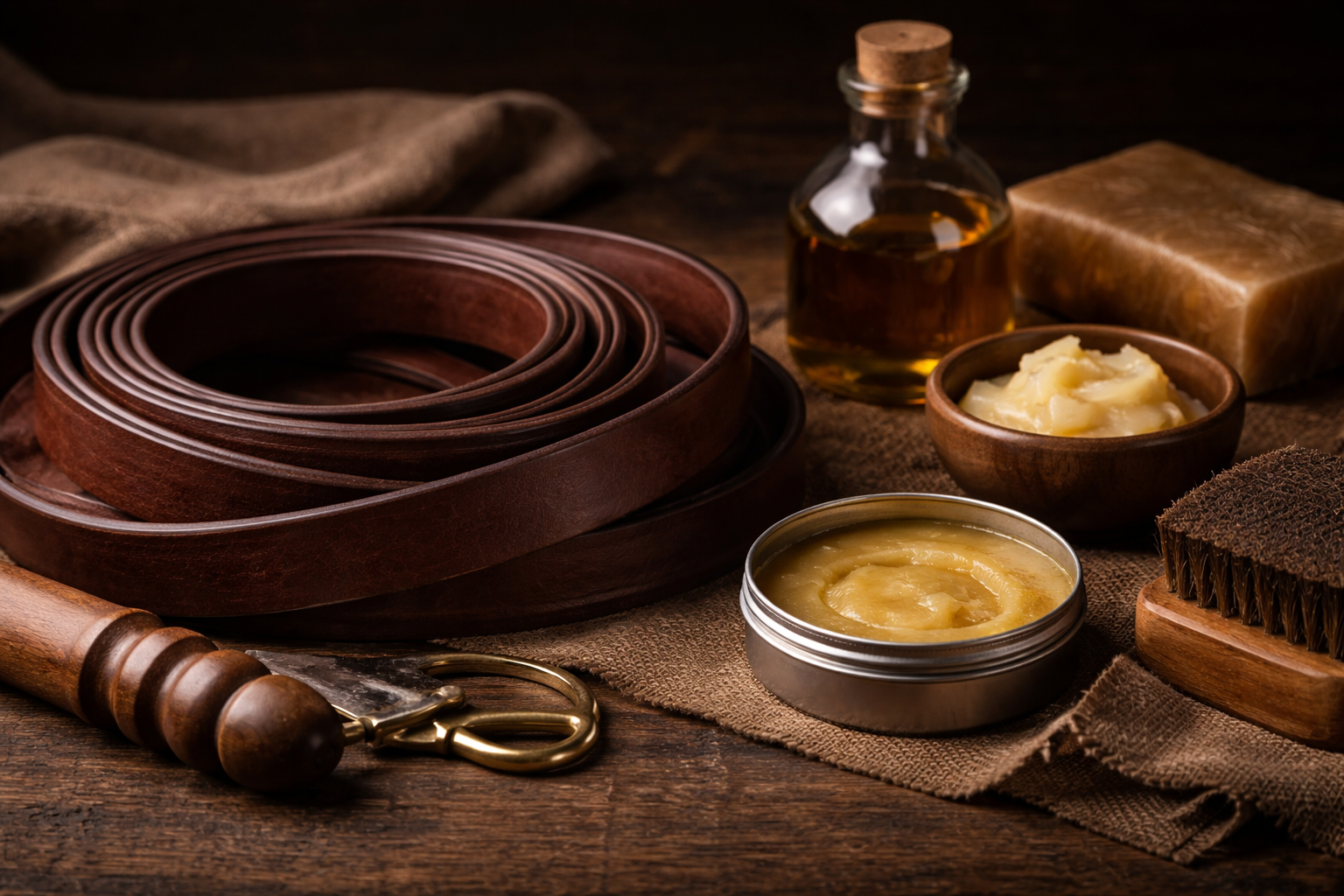 Cuero inglés o UK bridle con aceites y ceras sobre mesa de madera, cuero premium para correas de perro resistentes y duraderas