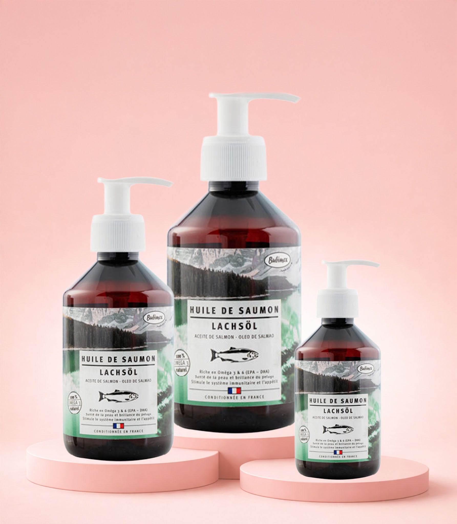 Tres tamaños de aceite de salmón Bubimex