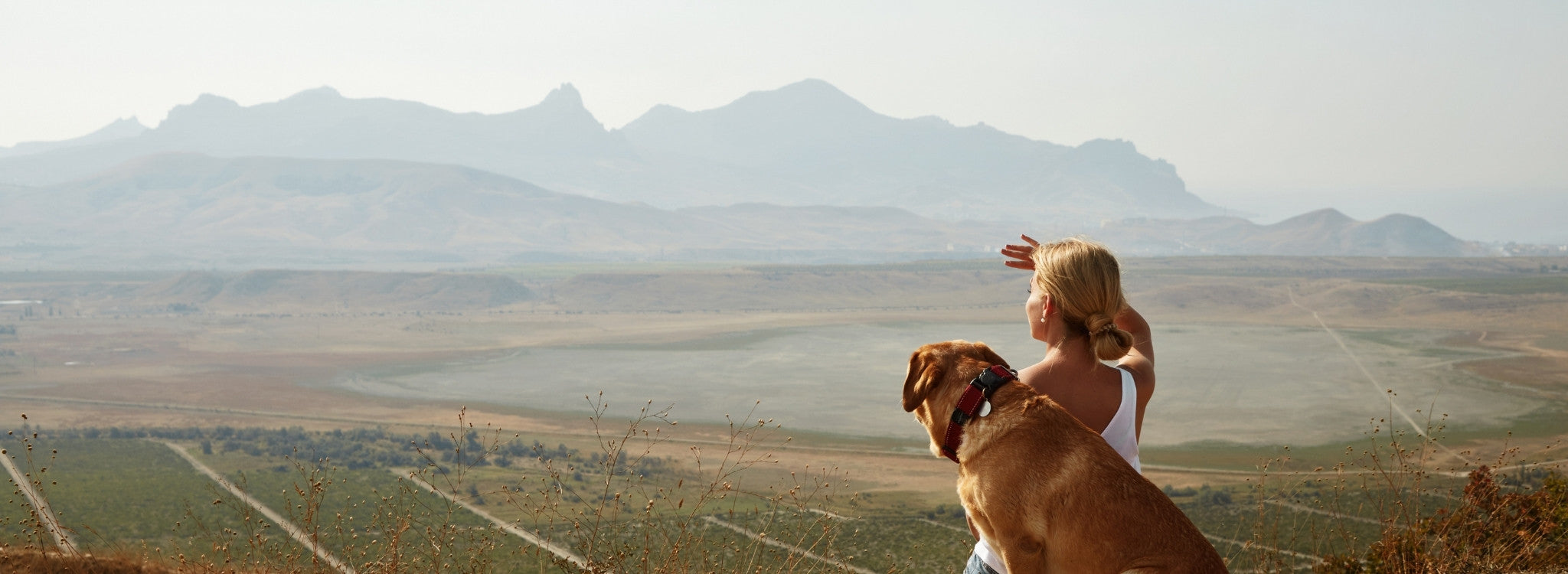 Perro y su dueña en acantilado